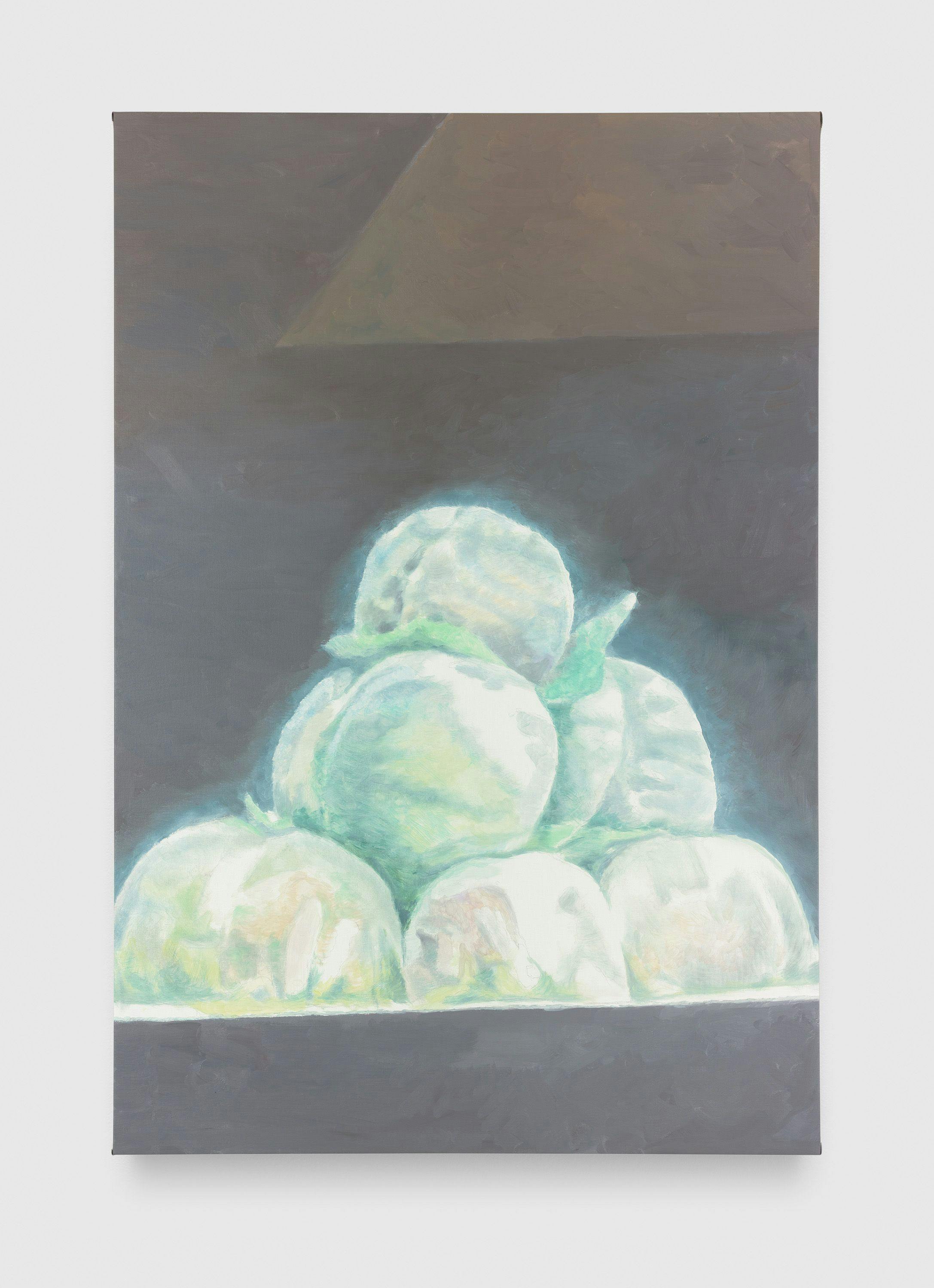 A painting by Luc Tuymans, titled Peaches, dated 2012.